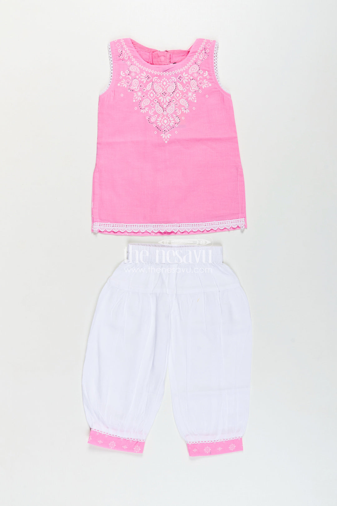 The Nesavu Girls Churidar Sets Girls Cotton Printed Pink Chudi Set with Stone Embellishment and Intricate Embroidery Accents Nesavu Girls Pink Cotton Printed Chudi Set Dhoti Pants Stone Embellished Sleeveless Top | The Nesavu