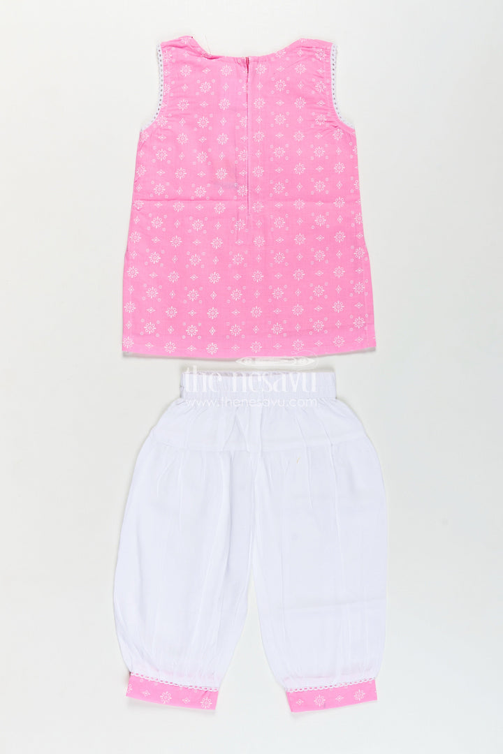 The Nesavu Girls Churidar Sets Girls Cotton Printed Pink Chudi Set with Stone Embellishment and Intricate Embroidery Accents Nesavu Girls Pink Cotton Printed Chudi Set Dhoti Pants Stone Embellished Sleeveless Top | The Nesavu