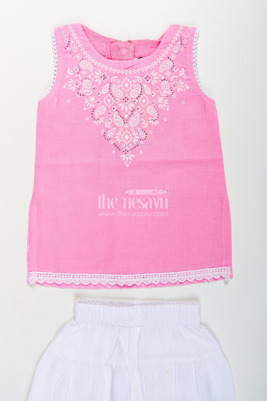 The Nesavu Girls Churidar Sets Girls Cotton Printed Pink Chudi Set with Stone Embellishment and Intricate Embroidery Accents Nesavu Girls Pink Cotton Printed Chudi Set Dhoti Pants Stone Embellished Sleeveless Top | The Nesavu
