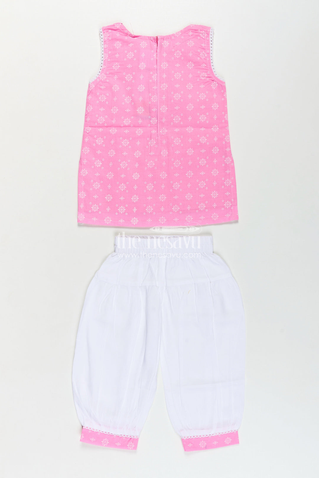 The Nesavu Girls Churidar Sets Girls Cotton Printed Pink Chudi Set with Stone Embellishment and Intricate Embroidery Accents Nesavu Girls Pink Cotton Printed Chudi Set Dhoti Pants Stone Embellished Sleeveless Top | The Nesavu