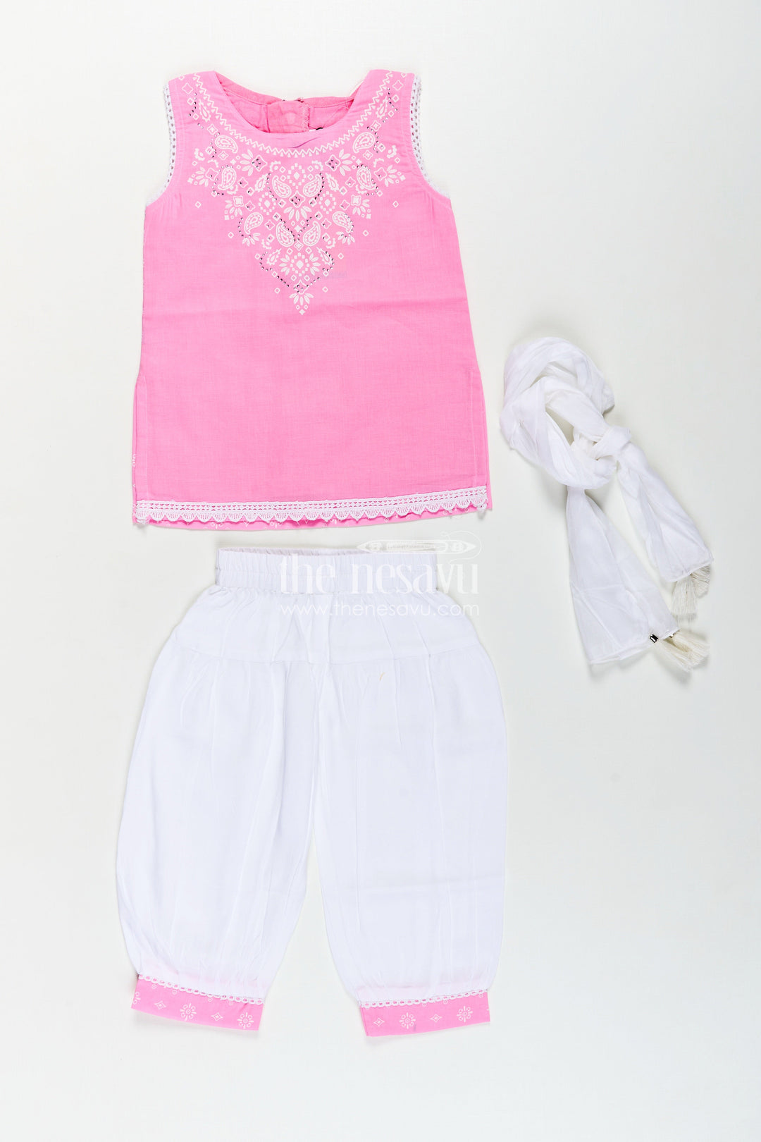 The Nesavu Girls Churidar Sets Girls Cotton Printed Pink Chudi Set with Stone Embellishment and Intricate Embroidery Accents Nesavu Girls Pink Cotton Printed Chudi Set Dhoti Pants Stone Embellished Sleeveless Top | The Nesavu