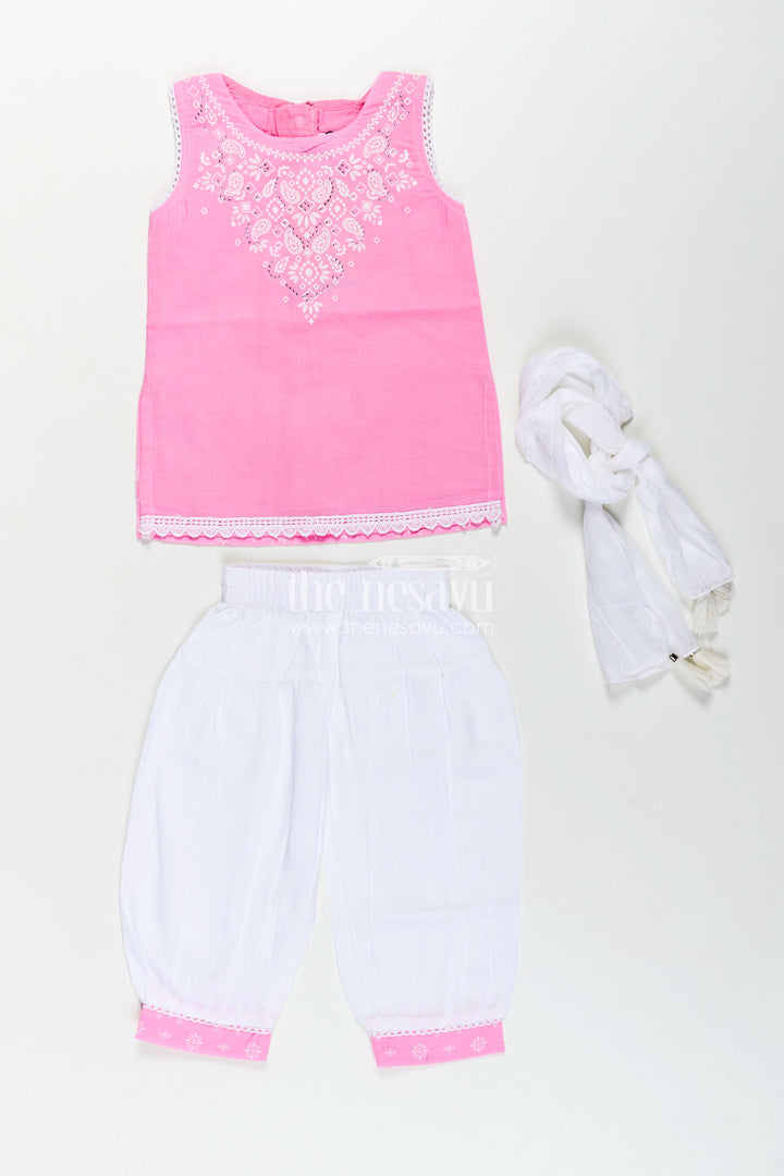 The Nesavu Girls Churidar Sets Girls Cotton Printed Pink Chudi Set with Stone Embellishment and Intricate Embroidery Accents Nesavu Girls Pink Cotton Printed Chudi Set Dhoti Pants Stone Embellished Sleeveless Top | The Nesavu