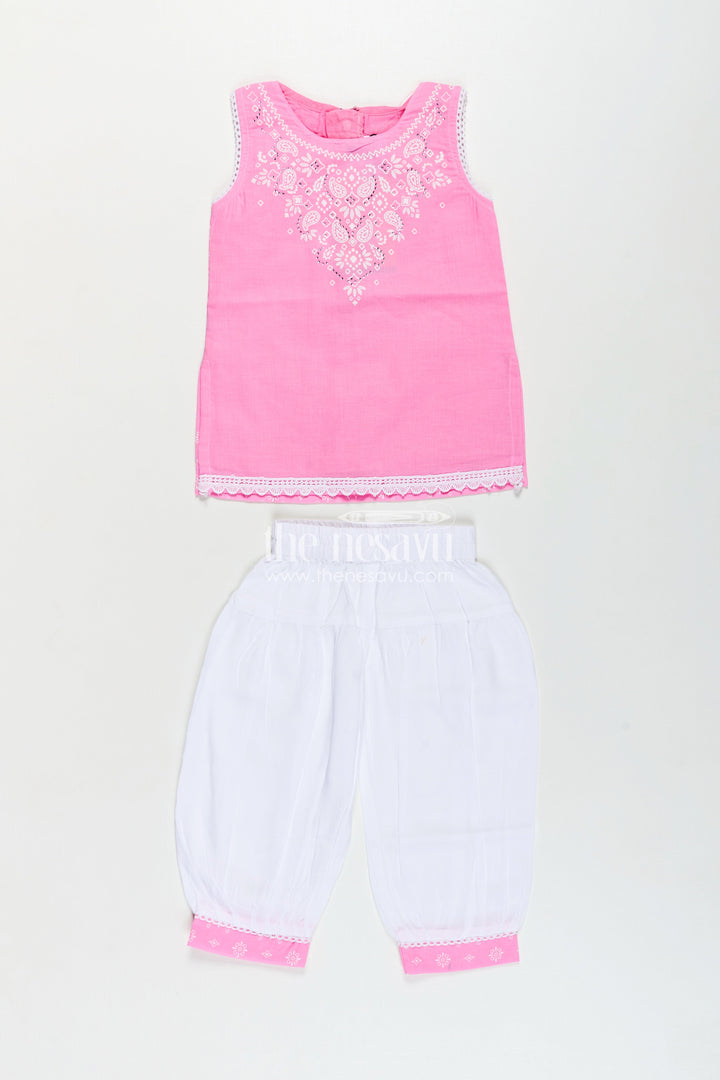 The Nesavu Girls Churidar Sets Girls Cotton Printed Pink Chudi Set with Stone Embellishment and Intricate Embroidery Accents Nesavu Girls Pink Cotton Printed Chudi Set Dhoti Pants Stone Embellished Sleeveless Top | The Nesavu