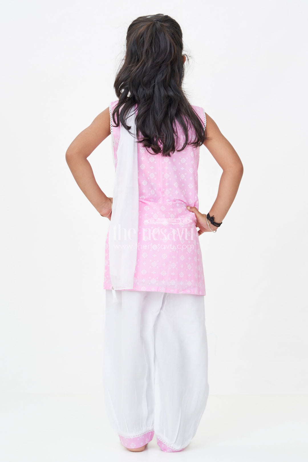 The Nesavu Girls Churidar Sets Girls Cotton Printed Pink Chudi Set with Stone Embellishment and Intricate Embroidery Accents Nesavu Girls Pink Cotton Printed Chudi Set Dhoti Pants Stone Embellished Sleeveless Top | The Nesavu