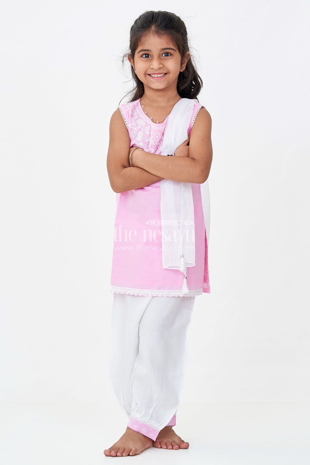 The Nesavu Girls Churidar Sets Girls Cotton Printed Pink Chudi Set with Stone Embellishment and Intricate Embroidery Accents Nesavu Girls Pink Cotton Printed Chudi Set Dhoti Pants Stone Embellished Sleeveless Top | The Nesavu