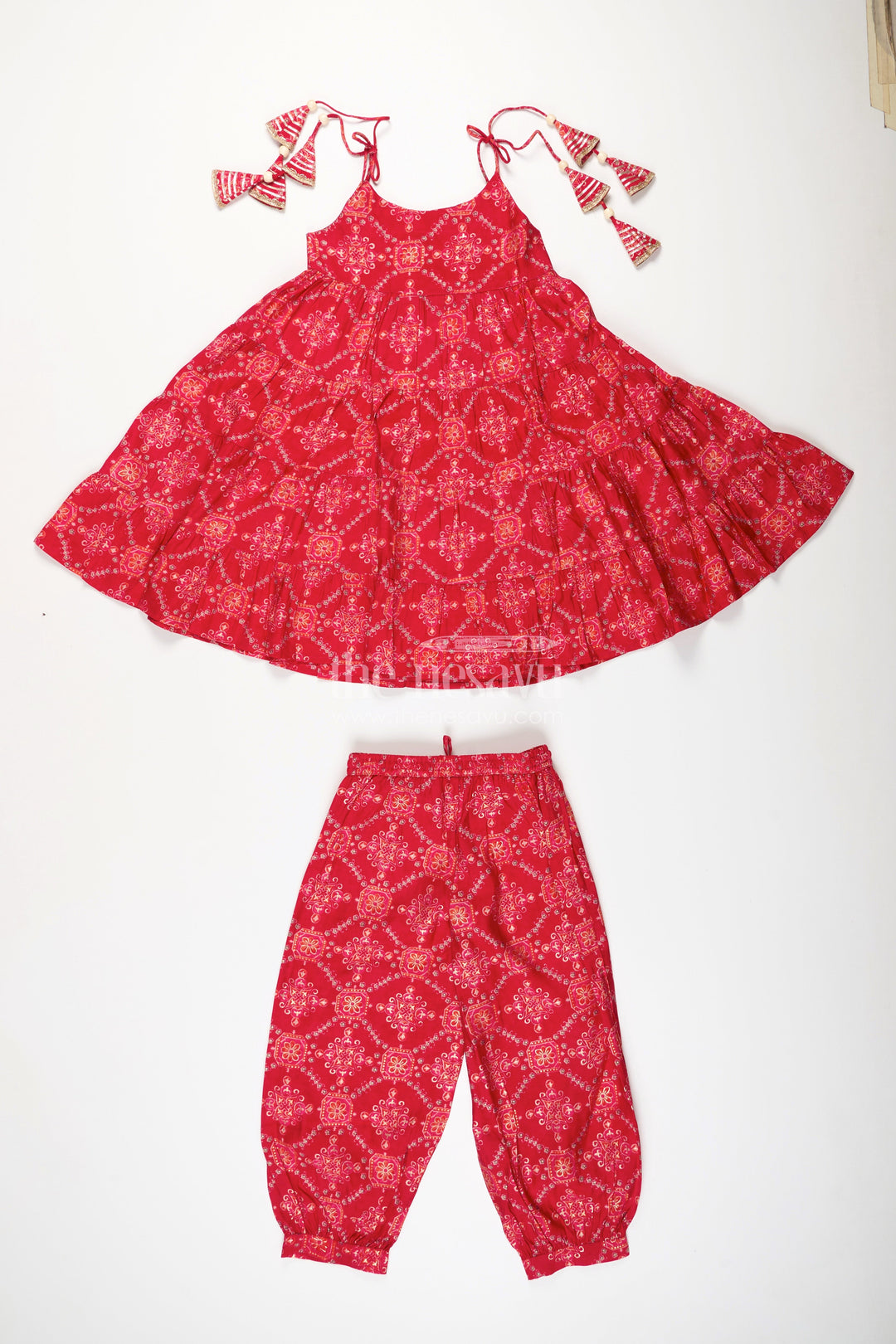 The Nesavu Girls Sharara / Plazo Set Girls Cotton Sharara Set with Digital Print for Festive Occasions Nesavu Nesavu girls red cotton sharara set with digital print for festive and ethnic functions
