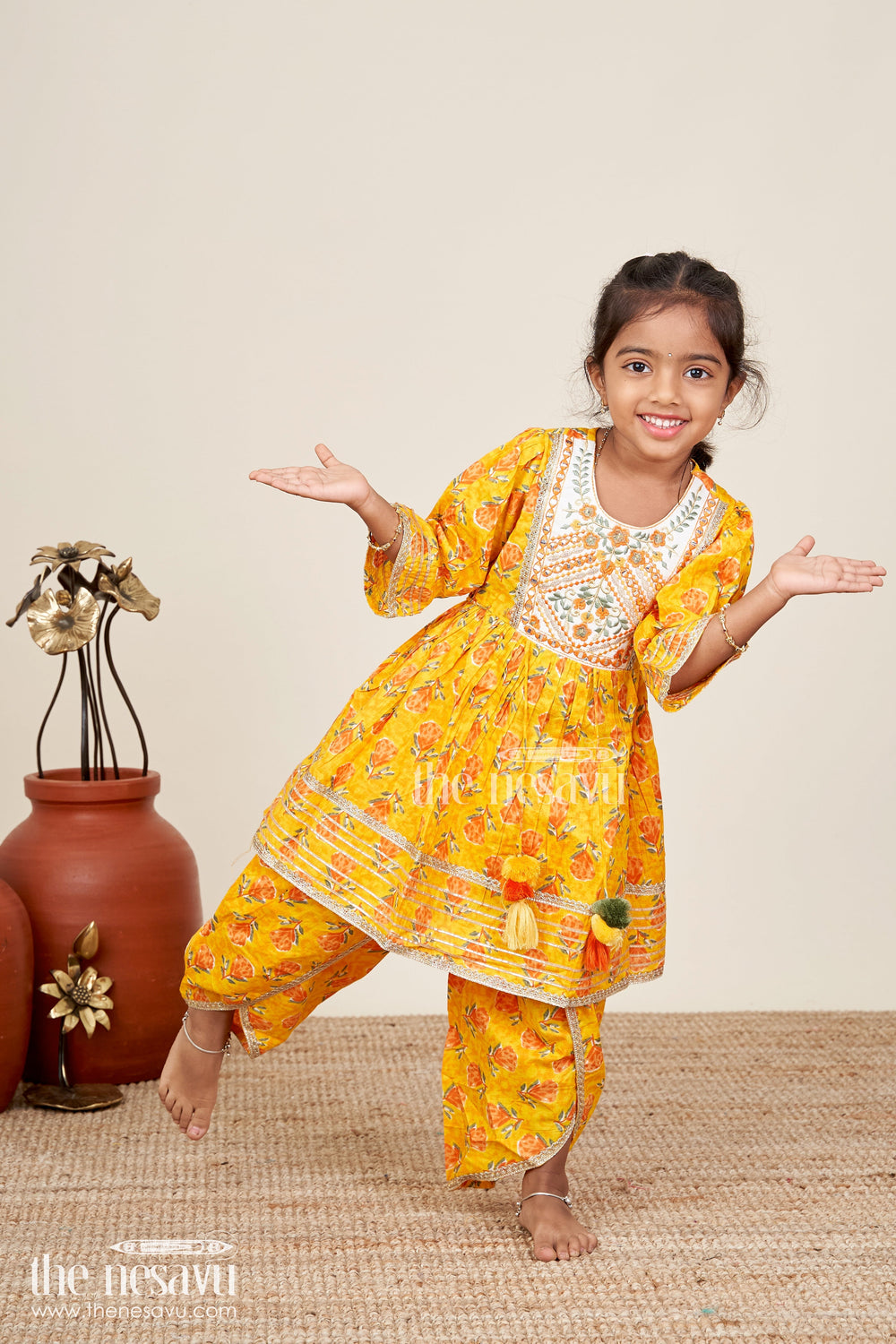 The Nesavu Girls Dothi Sets Girls cotton sharara set with floral yoke embroidery and tassels Nesavu 16 (1Y) / Yellow GPS843A-16 Nesavu girls festive cotton sharara set floral embroidery tassels  ethnic outfit birthdays