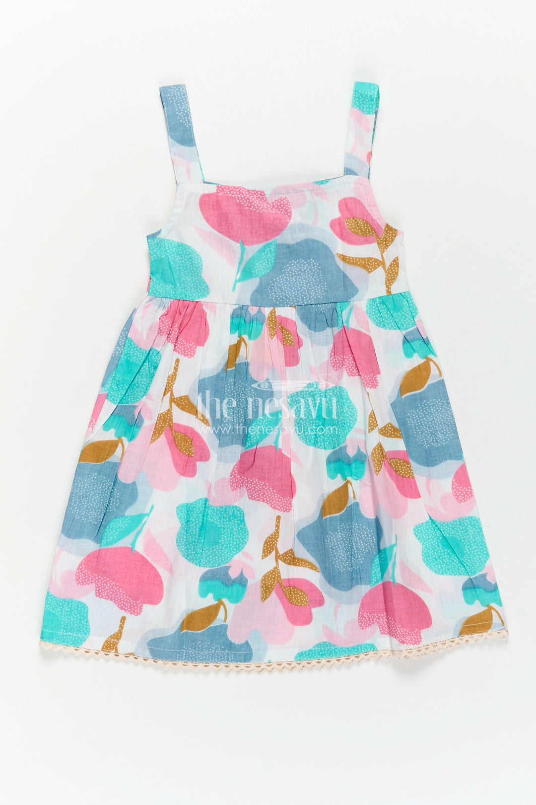 The Nesavu Girls Cotton Frock Girls Cotton Short Frock Party Wear in Sleeveless Style with Bold Floral Print On Pastel Base Nesavu 16 (1Y) / Multicolor GFC1744A-16 Short Frock Party Wear Sleeveless Cotton Bold Floral Print Pleated Design | The Nesavu