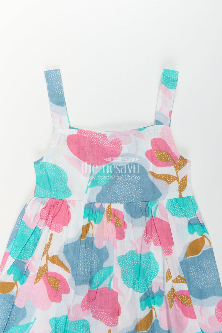 The Nesavu Girls Cotton Frock Girls Cotton Short Frock Party Wear in Sleeveless Style with Bold Floral Print On Pastel Base Nesavu Short Frock Party Wear Sleeveless Cotton Bold Floral Print Pleated Design | The Nesavu