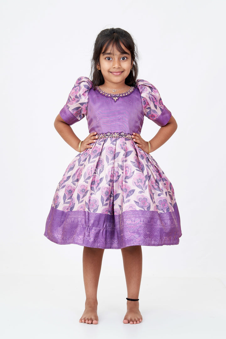 The Nesavu Silk Frock Girls Cotton Silk Frock in Rich Purple Jacquard with Floral Border and Embellished Neckline Nesavu 16 (1Y) / Purple SF982B-16 Nesavu Girls Cotton Silk Frock Purple Jacquard Floral Print Border Embellished Neckline