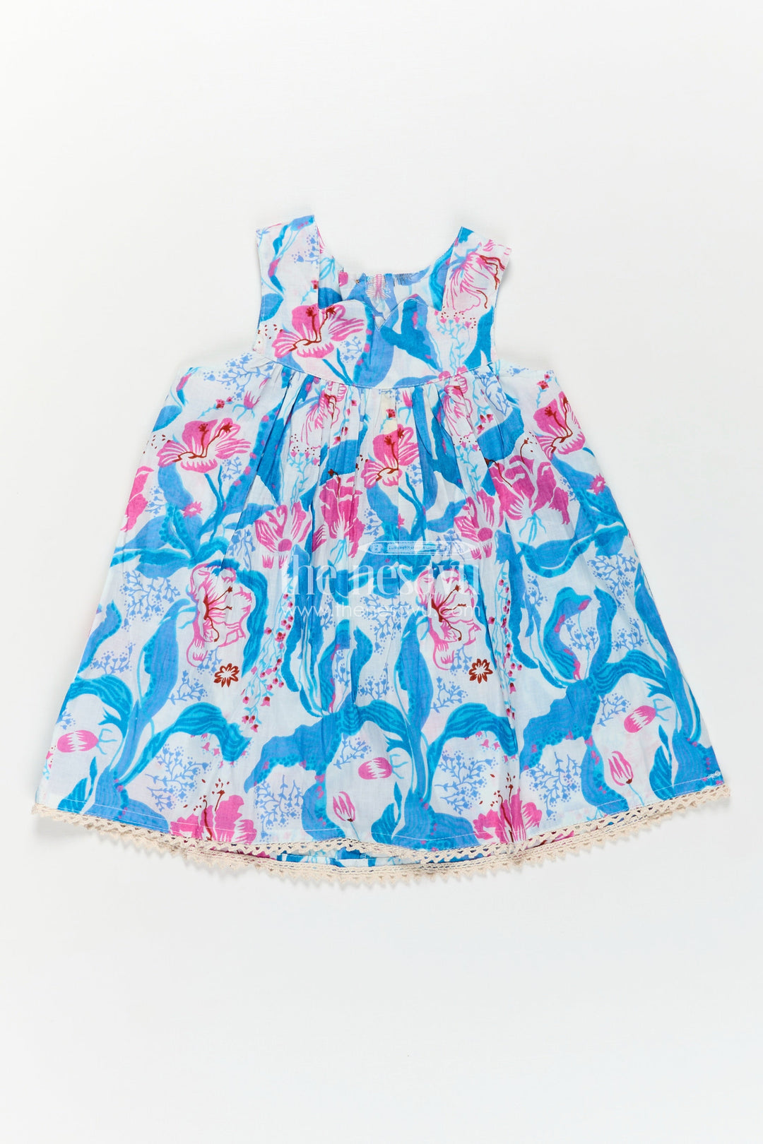 The Nesavu Girls Cotton Frock Girls Cotton Simple Design Of Frock with Blue and Pink Floral Digital Print and Classic Sleeveless Fit Nesavu 16 (1Y) / Blue GFC1751A-16 Girls Cotton Simple Design Frock Blue Pink Floral Digital Print Everyday Elegance | The Nesavu