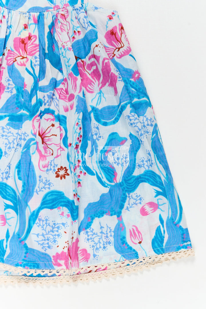 The Nesavu Girls Cotton Frock Girls Cotton Simple Design Of Frock with Blue and Pink Floral Digital Print and Classic Sleeveless Fit Nesavu Girls Cotton Simple Design Frock Blue Pink Floral Digital Print Everyday Elegance | The Nesavu