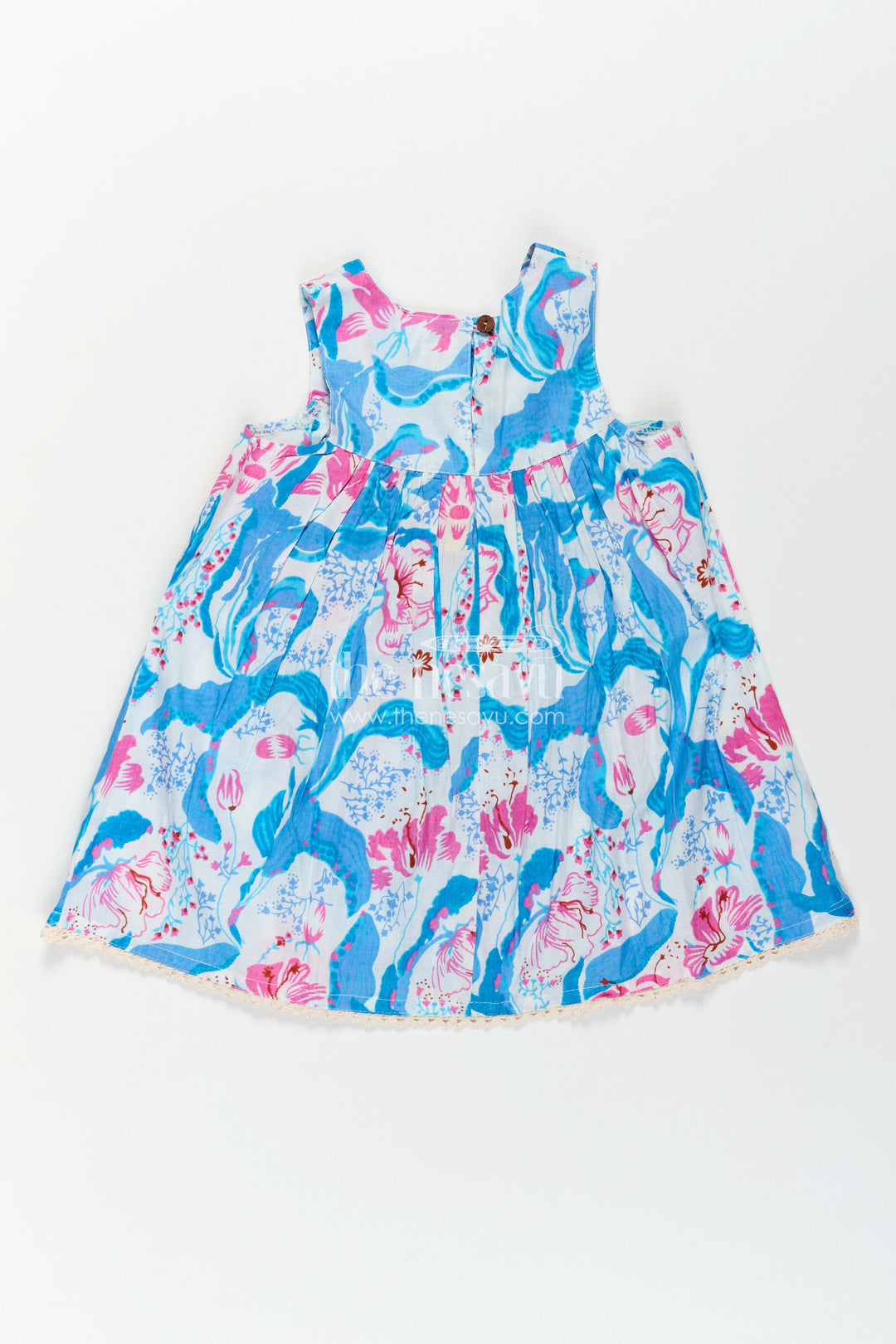 The Nesavu Girls Cotton Frock Girls Cotton Simple Design Of Frock with Blue and Pink Floral Digital Print and Classic Sleeveless Fit Nesavu Girls Cotton Simple Design Frock Blue Pink Floral Digital Print Everyday Elegance | The Nesavu