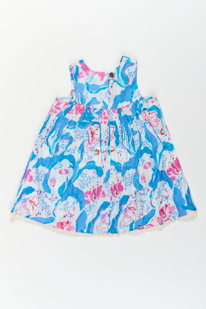 The Nesavu Girls Cotton Frock Girls Cotton Simple Design Of Frock with Blue and Pink Floral Digital Print and Classic Sleeveless Fit Nesavu Girls Cotton Simple Design Frock Blue Pink Floral Digital Print Everyday Elegance | The Nesavu