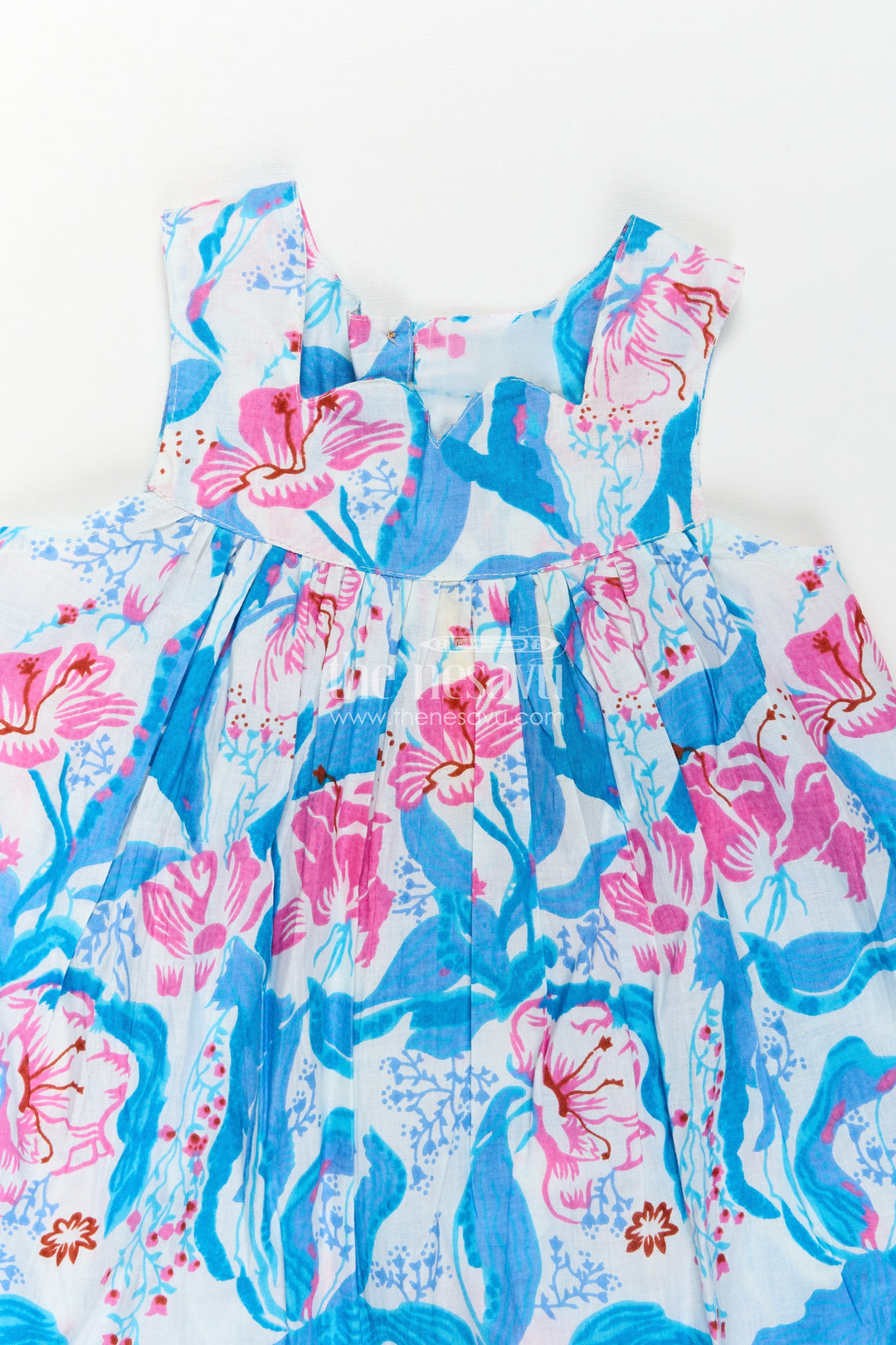The Nesavu Girls Cotton Frock Girls Cotton Simple Design Of Frock with Blue and Pink Floral Digital Print and Classic Sleeveless Fit Nesavu Girls Cotton Simple Design Frock Blue Pink Floral Digital Print Everyday Elegance | The Nesavu
