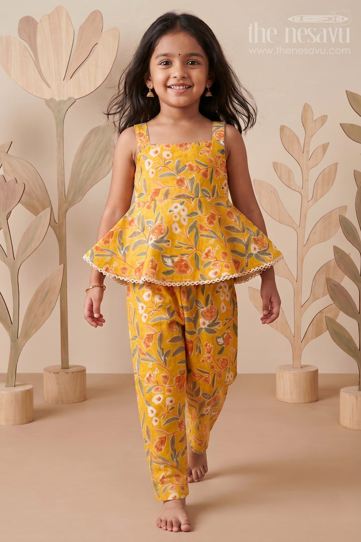 The Nesavu Girls Casual Set Girls Cotton Sleeveless Dresses Inspired Set in Mustard with Orange and Green Floral Prints Nesavu 16 (1Y) / Yellow GPS611A-16 Sleeveless Dresses Inspired Girls Cotton Set Mustard Floral Print Flared Top | The Nesavu