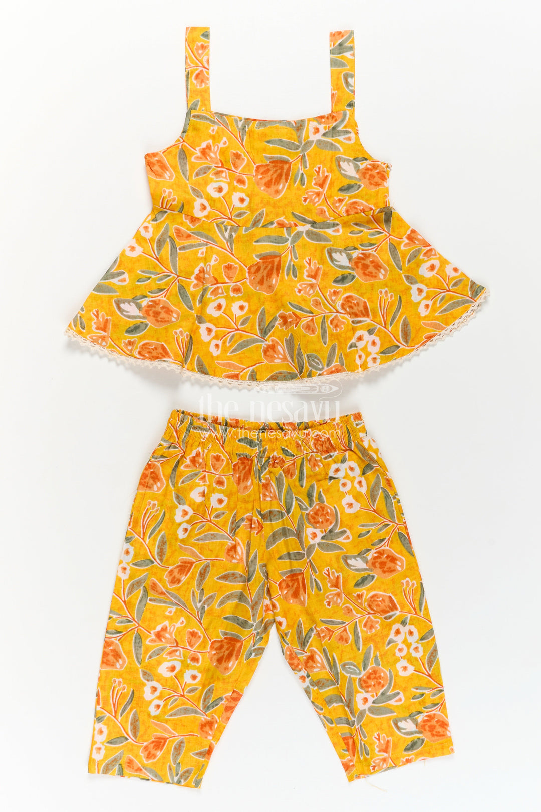 The Nesavu Girls Casual Set Girls Cotton Sleeveless Dresses Inspired Set in Mustard with Orange and Green Floral Prints Nesavu Sleeveless Dresses Inspired Girls Cotton Set Mustard Floral Print Flared Top | The Nesavu
