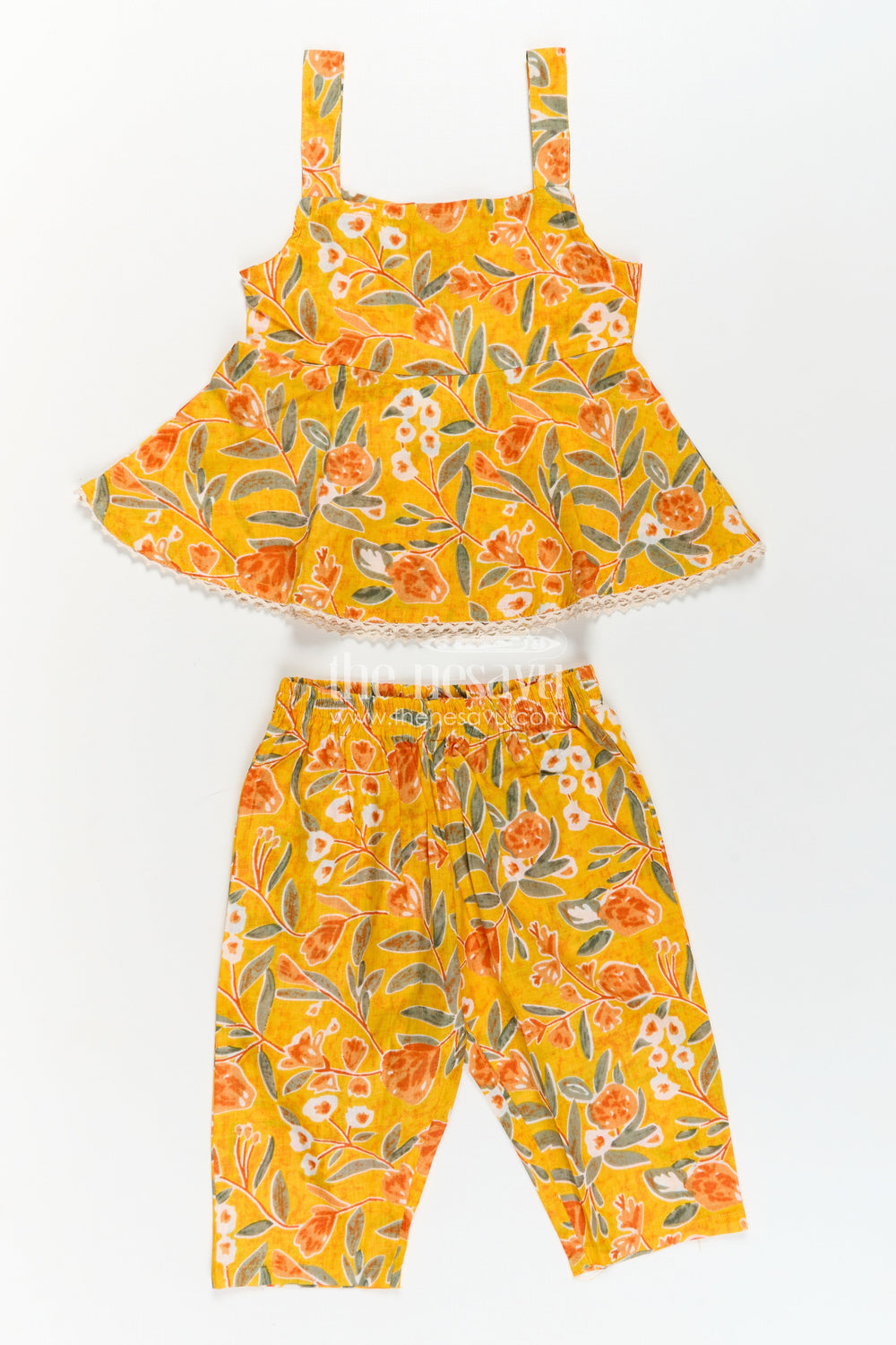 The Nesavu Girls Casual Set Girls Cotton Sleeveless Dresses Inspired Set in Mustard with Orange and Green Floral Prints Nesavu Sleeveless Dresses Inspired Girls Cotton Set Mustard Floral Print Flared Top | The Nesavu