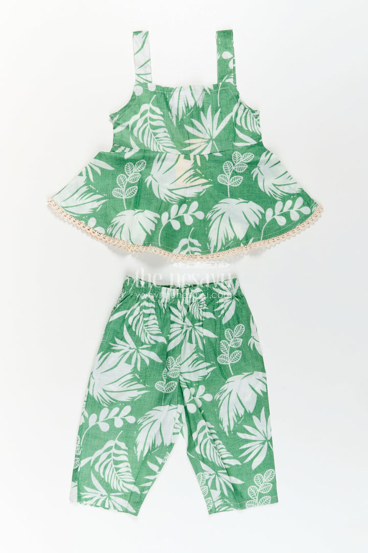 The Nesavu Girls Casual Set Girls Cotton Stylish Dress Green Casual Set with Leaf Digital Print and Comfortable Fit Nesavu Girls Stylish Dress Cotton Set Green Leaf Digital Print Lace Trim Details | The Nesavu