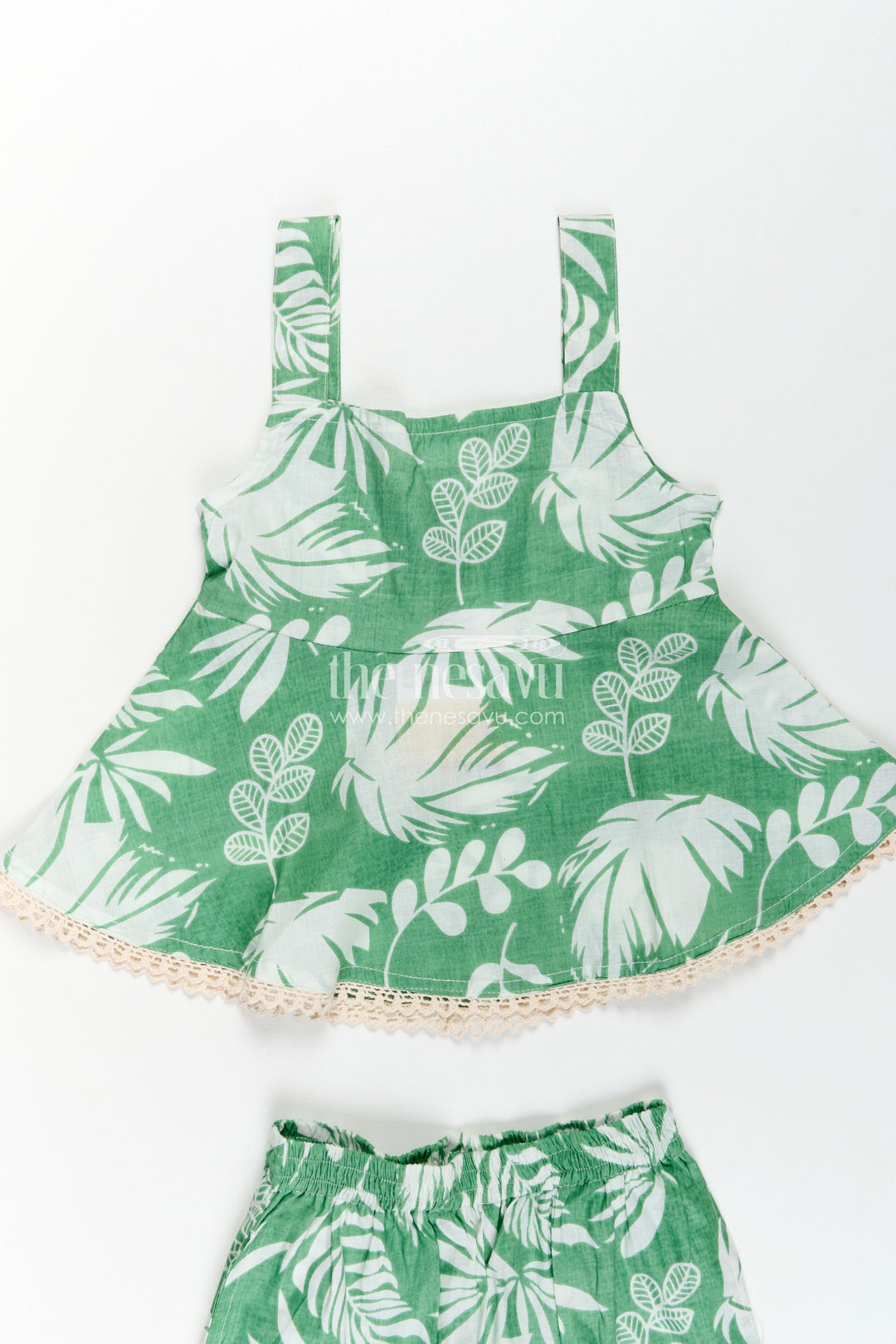The Nesavu Girls Casual Set Girls Cotton Stylish Dress Green Casual Set with Leaf Digital Print and Comfortable Fit Nesavu Girls Stylish Dress Cotton Set Green Leaf Digital Print Lace Trim Details | The Nesavu