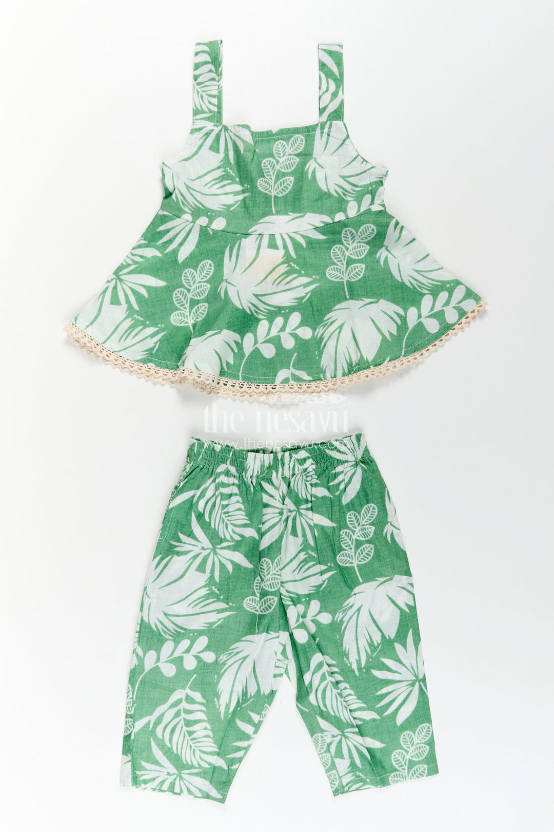 The Nesavu Girls Casual Set Girls Cotton Stylish Dress Green Casual Set with Leaf Digital Print and Comfortable Fit Nesavu Girls Stylish Dress Cotton Set Green Leaf Digital Print Lace Trim Details | The Nesavu