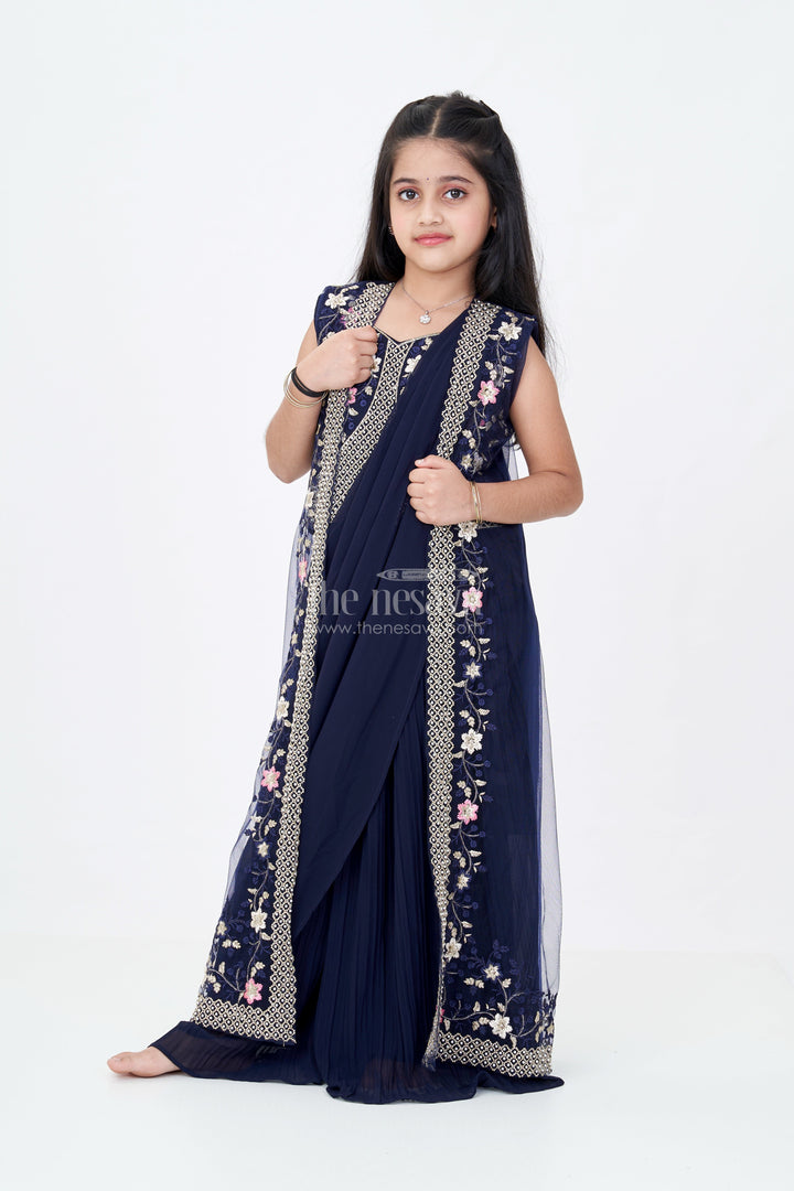 The Nesavu Girls Sharara / Plazo Set Girls Cotton Suit Piece with Cotton Dupatta in Navy Georgette and Embroidered Velvet Bodice Nesavu 24 (5Y) / Blue GPS558A-24 Cotton Suit Piece Cotton Dupatta Embroidered Bodice Navy Blue Georgette Palazzo Set | The Nesavu
