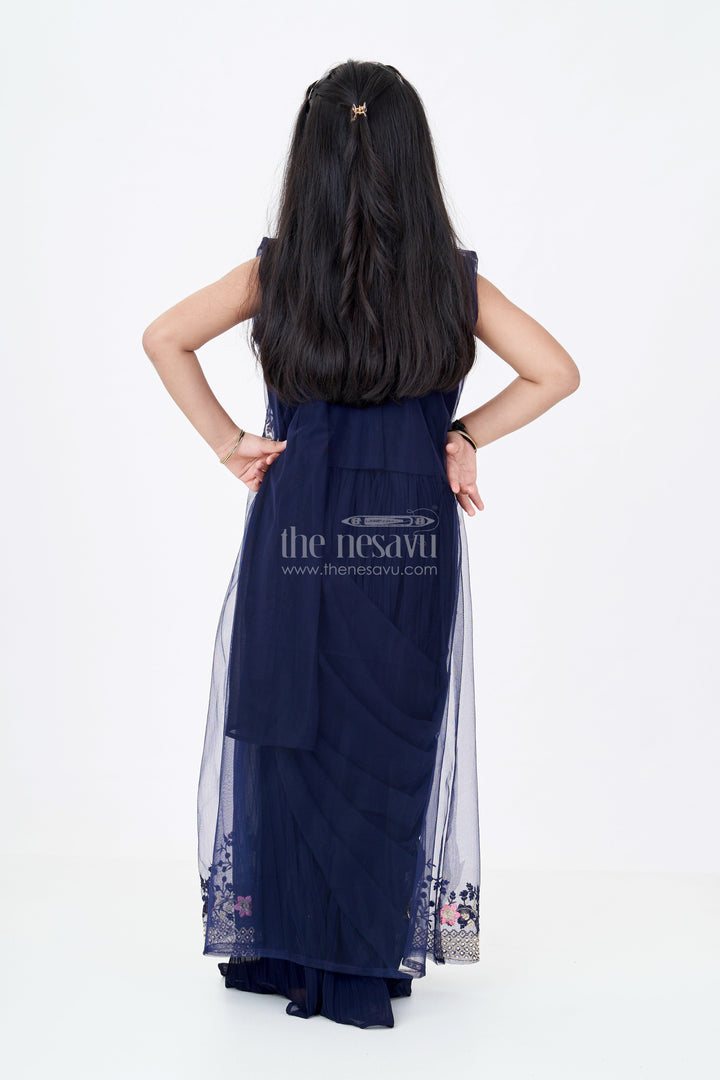 The Nesavu Girls Sharara / Plazo Set Girls Cotton Suit Piece with Cotton Dupatta in Navy Georgette and Embroidered Velvet Bodice Nesavu Cotton Suit Piece Cotton Dupatta Embroidered Bodice Navy Blue Georgette Palazzo Set | The Nesavu