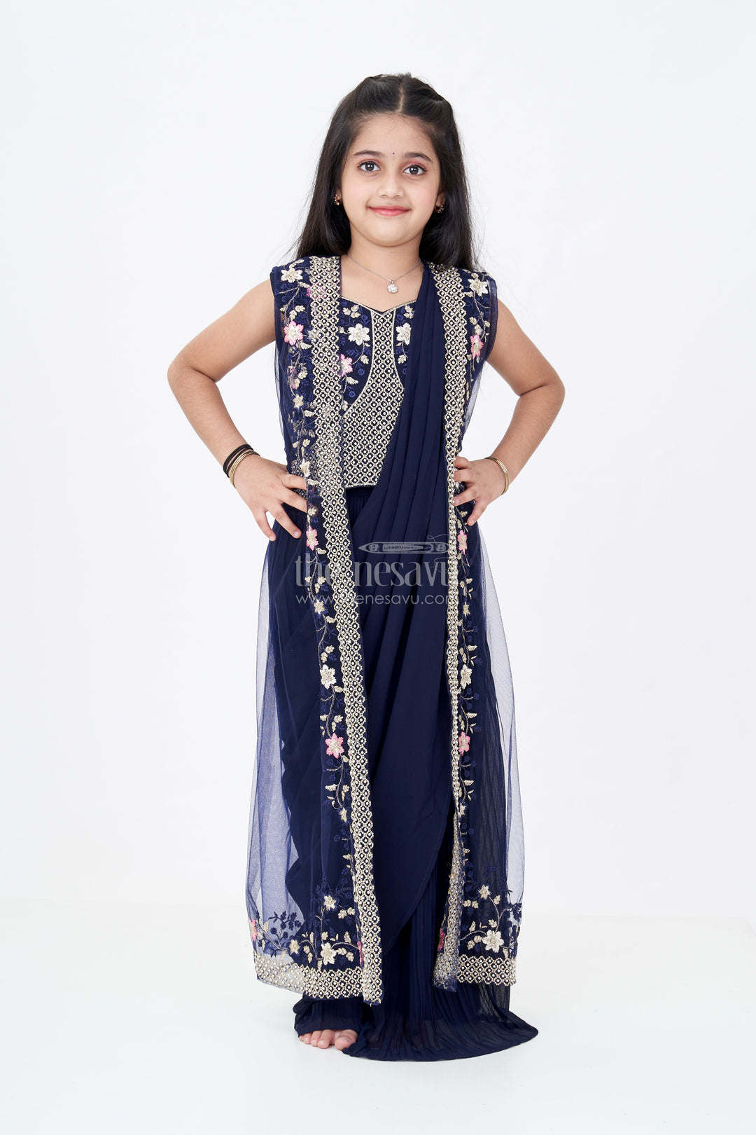 The Nesavu Girls Sharara / Plazo Set Girls Cotton Suit Piece with Cotton Dupatta in Navy Georgette and Embroidered Velvet Bodice Nesavu Cotton Suit Piece Cotton Dupatta Embroidered Bodice Navy Blue Georgette Palazzo Set | The Nesavu