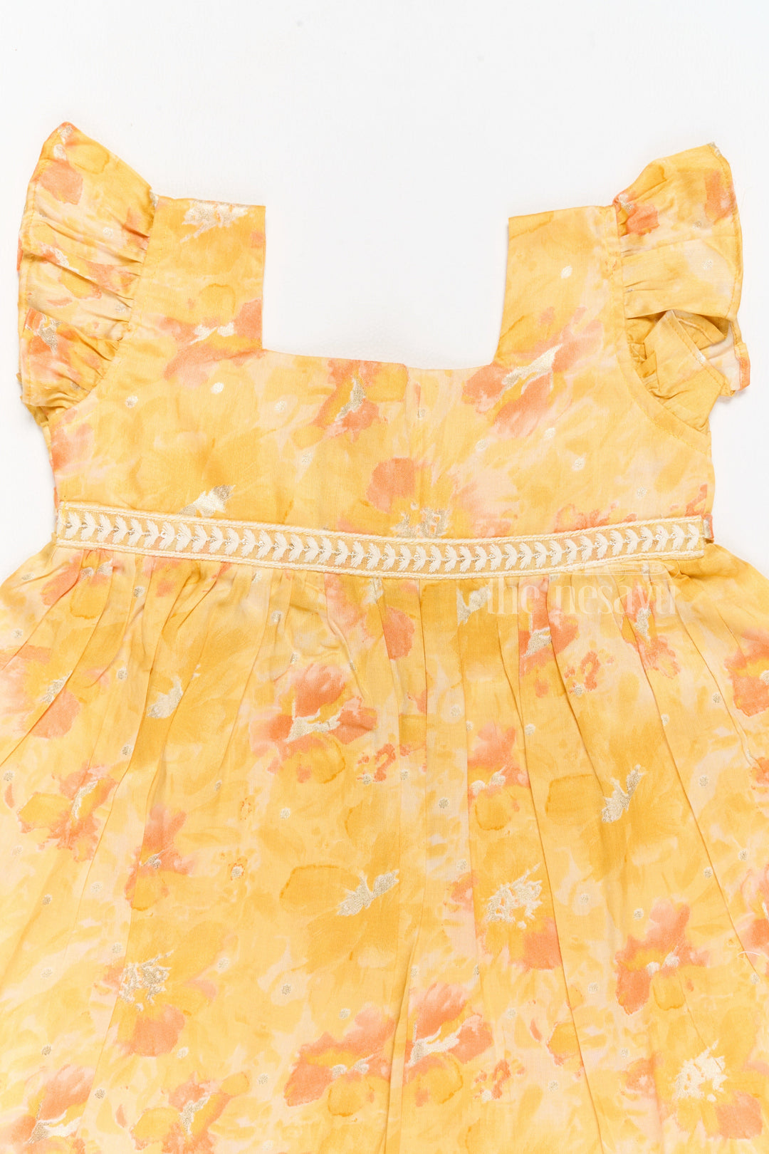 The Nesavu Girls Cotton Frock Girls Cotton Summer Dress for Babies with Yellow and Orange Floral Prints Nesavu Girls Cotton Summer Dress Babies Floral Prints Ruffled Hem | The Nesavu