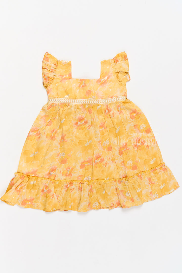 The Nesavu Girls Cotton Frock Girls Cotton Summer Dress for Babies with Yellow and Orange Floral Prints Nesavu Girls Cotton Summer Dress Babies Floral Prints Ruffled Hem | The Nesavu