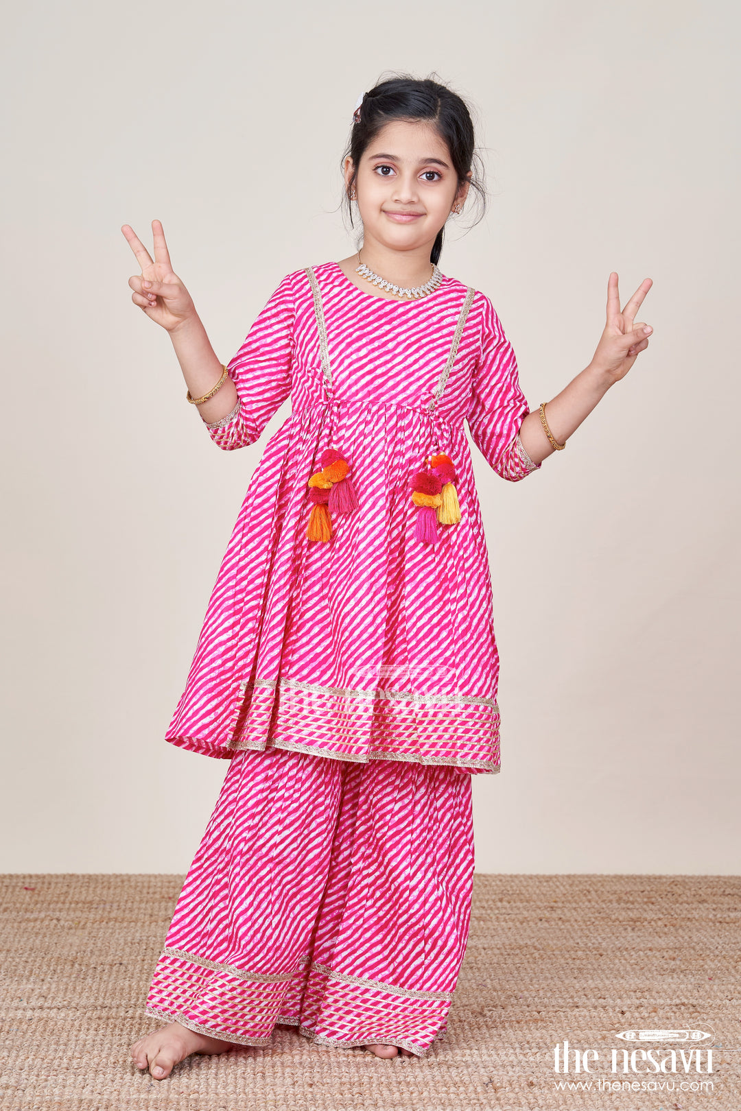 The Nesavu Girls Sharara / Plazo Set Girls Cotton Tie-Dye Sharara Set for Festive Celebrations Nesavu 16 (1Y) / Pink GPS836A-16 Nesavu girls cotton tie-dye sharara set tassels  perfect festive outfit birthdays Navratri