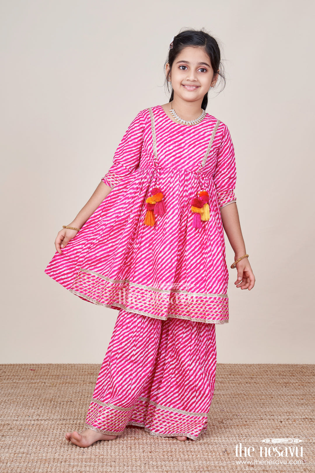 The Nesavu Girls Sharara / Plazo Set Girls Cotton Tie-Dye Sharara Set for Festive Celebrations Nesavu Nesavu girls cotton tie-dye sharara set tassels  perfect festive outfit birthdays Navratri
