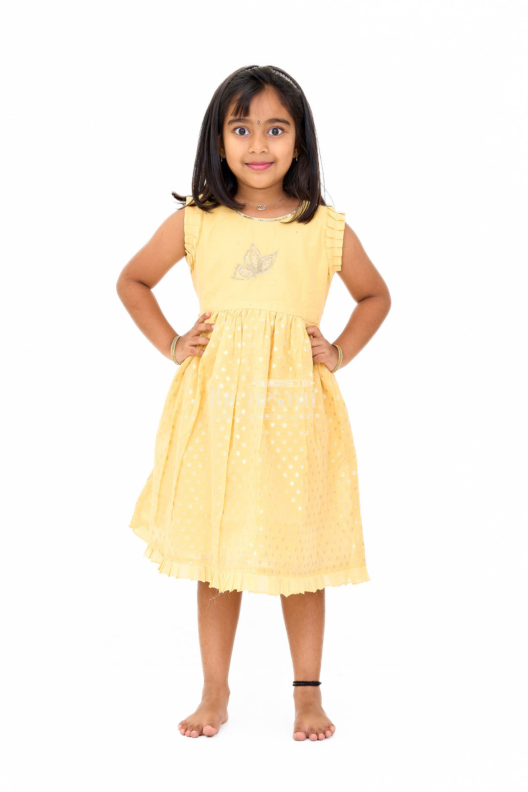 The Nesavu Girls Chanderi Frock Girls Cotton Umbrella Frock in Chanderi Fabric with Elegant Floral Embroidery and Ruffled Sleeves Nesavu 16 (1Y) / Yellow GFC1416B-16 Girls Cotton Umbrella Frock Chanderi Fabric Floral Embroidery Ruffled Sleeves | The Nesavu