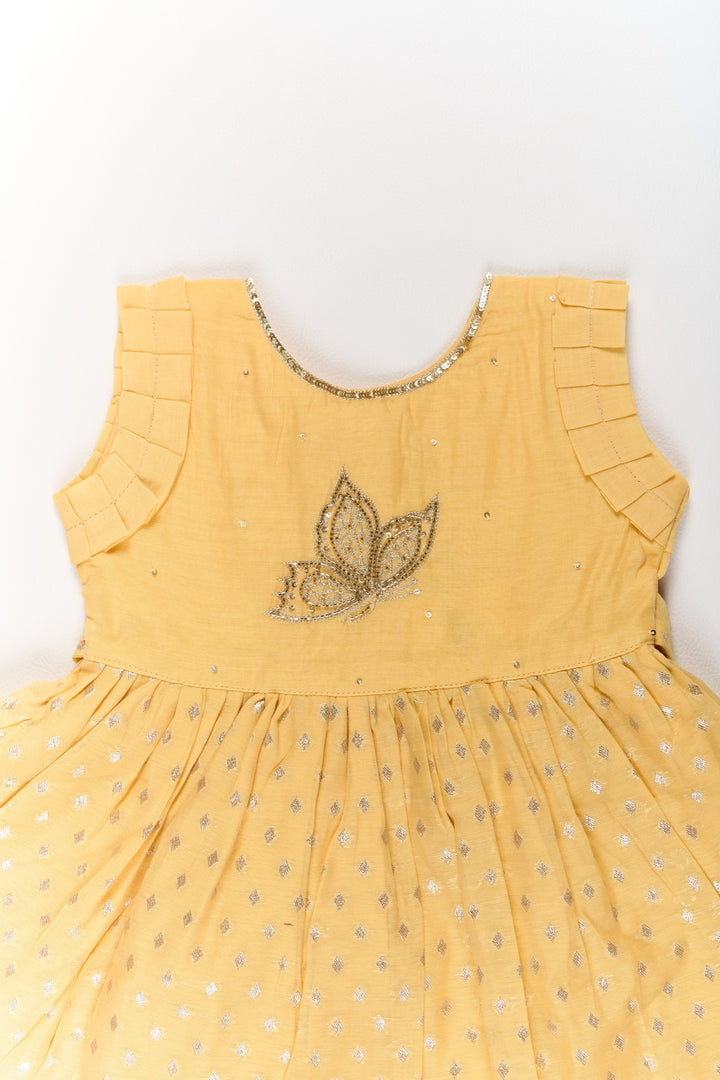 The Nesavu Girls Chanderi Frock Girls Cotton Umbrella Frock in Chanderi Fabric with Elegant Floral Embroidery and Ruffled Sleeves Nesavu Girls Cotton Umbrella Frock Chanderi Fabric Floral Embroidery Ruffled Sleeves | The Nesavu