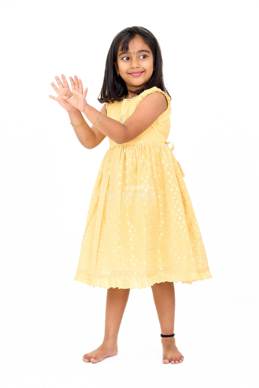 The Nesavu Girls Chanderi Frock Girls Cotton Umbrella Frock in Chanderi Fabric with Elegant Floral Embroidery and Ruffled Sleeves Nesavu Girls Cotton Umbrella Frock Chanderi Fabric Floral Embroidery Ruffled Sleeves | The Nesavu