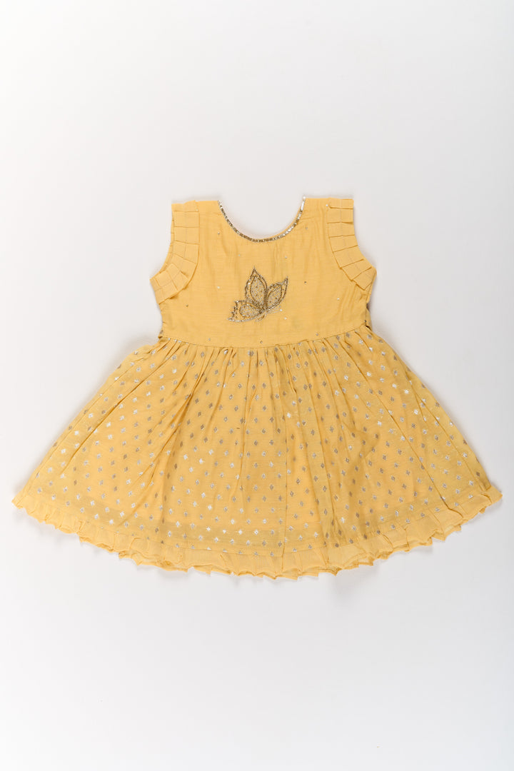 The Nesavu Girls Cotton Frock Girls Cotton Umbrella Frock in Chanderi Fabric with Elegant Floral Embroidery and Ruffled Sleeves Nesavu 16 (1Y) / Yellow GFC1416B-16 Nesavu Girls Cotton Umbrella Frock Chanderi Fabric Floral Embroidery Ruffled Sleeves