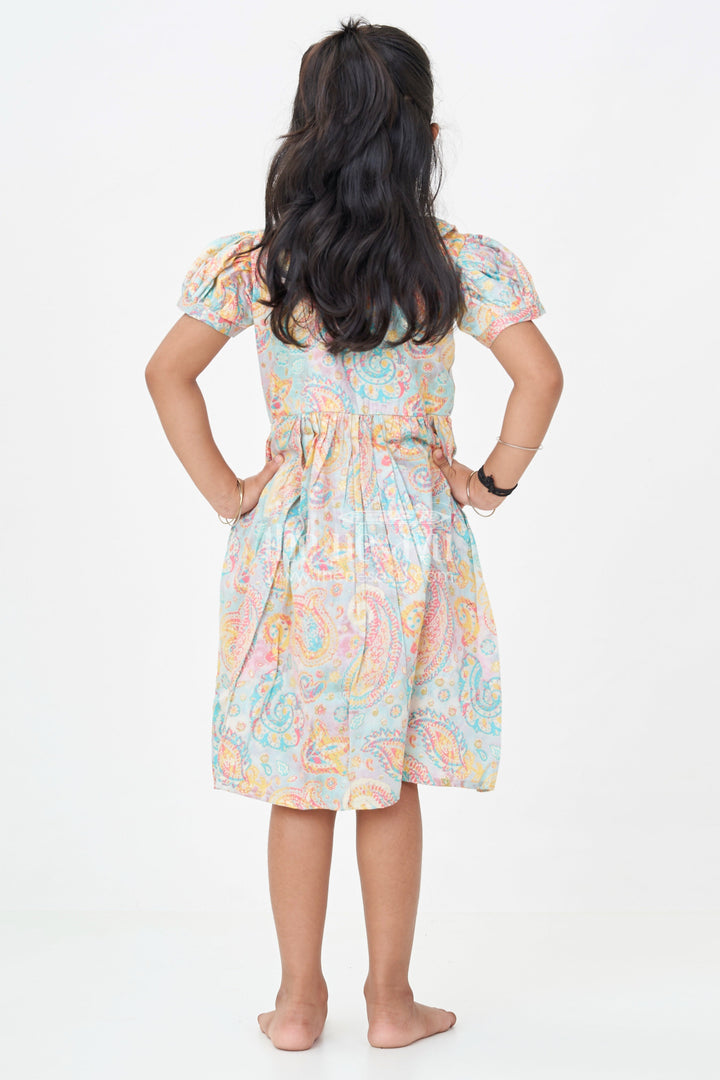 The Nesavu Girls Cotton Frock Girls Cotton Wear Dress with Vibrant Paisley Digital Prints and Pleated Waist for Casual Comfort Nesavu Girls Cotton Wear Dress Vibrant Paisley Digital Prints Ruffled Collar Design | The Nesavu
