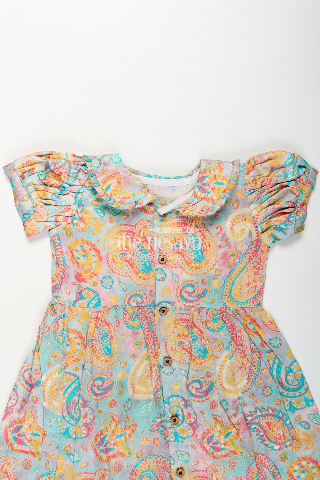The Nesavu Girls Cotton Frock Girls Cotton Wear Dress with Vibrant Paisley Digital Prints and Pleated Waist for Casual Comfort Nesavu Girls Cotton Wear Dress Vibrant Paisley Digital Prints Ruffled Collar Design | The Nesavu