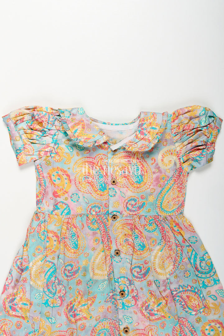 The Nesavu Girls Cotton Frock Girls Cotton Wear Dress with Vibrant Paisley Digital Prints and Pleated Waist for Casual Comfort Nesavu Girls Cotton Wear Dress Vibrant Paisley Digital Prints Ruffled Collar Design | The Nesavu