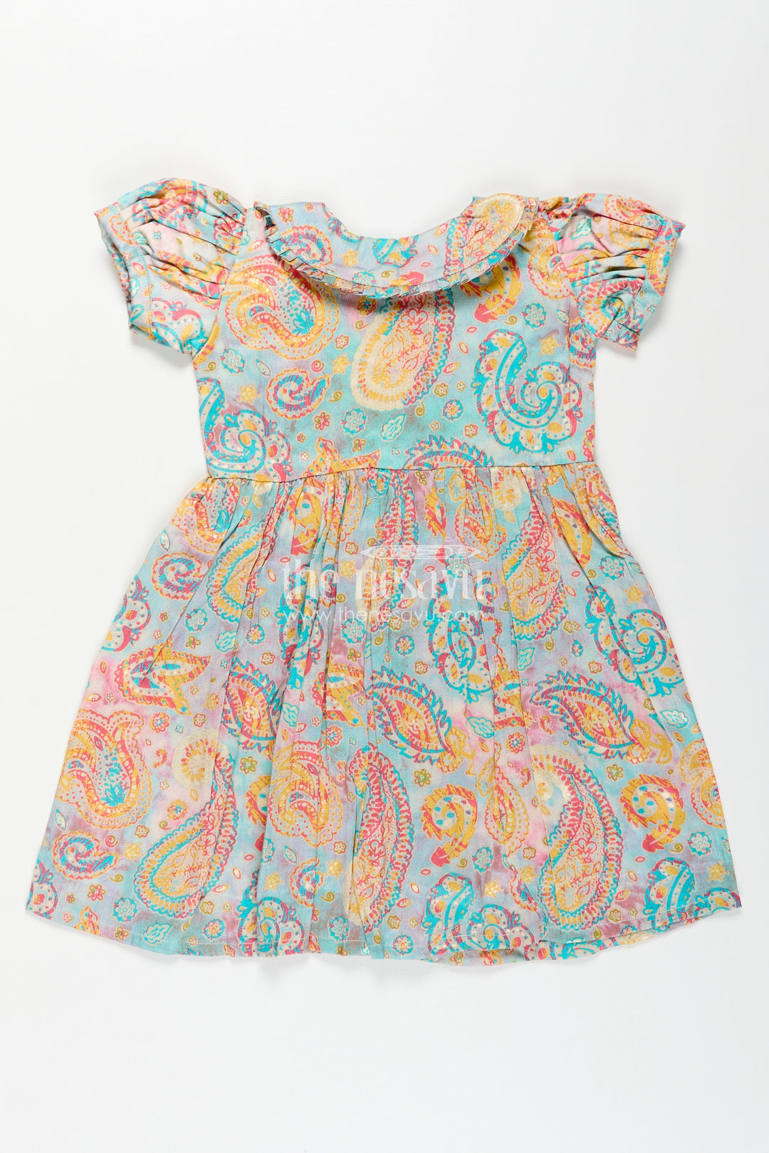 The Nesavu Girls Cotton Frock Girls Cotton Wear Dress with Vibrant Paisley Digital Prints and Pleated Waist for Casual Comfort Nesavu Girls Cotton Wear Dress Vibrant Paisley Digital Prints Ruffled Collar Design | The Nesavu