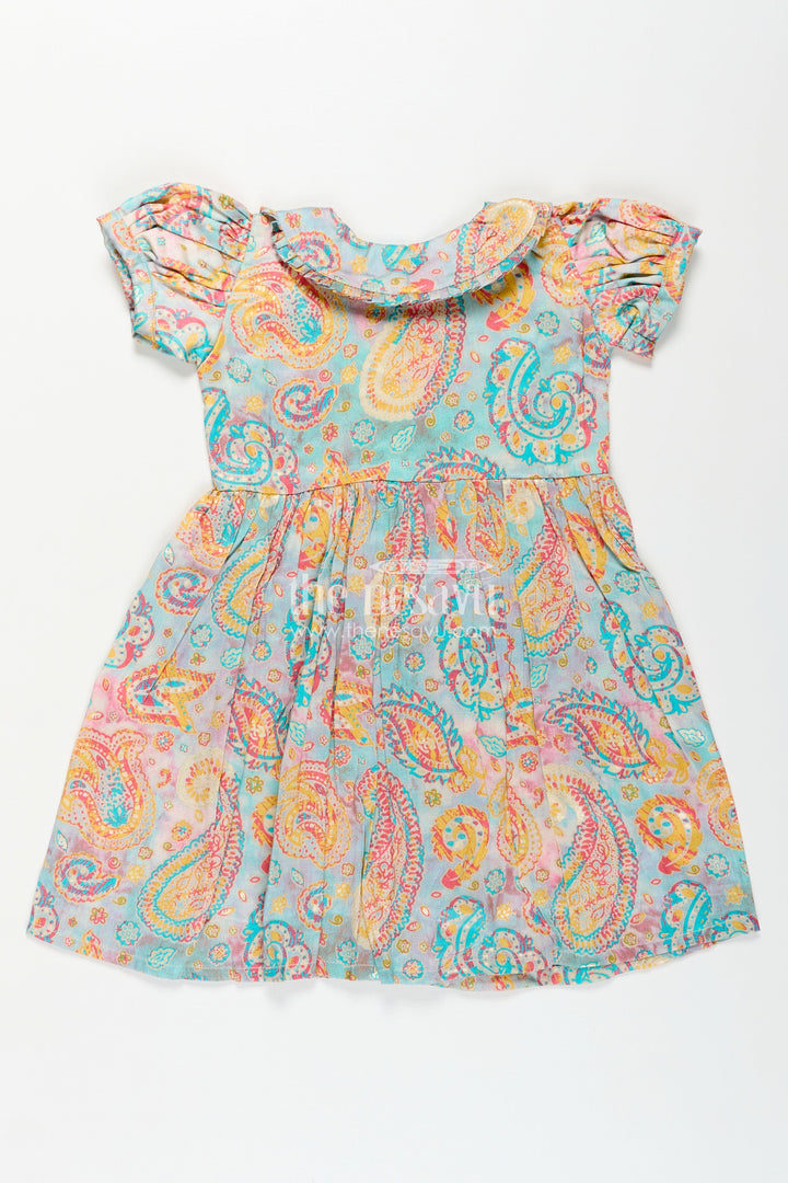 The Nesavu Girls Cotton Frock Girls Cotton Wear Dress with Vibrant Paisley Digital Prints and Pleated Waist for Casual Comfort Nesavu Girls Cotton Wear Dress Vibrant Paisley Digital Prints Ruffled Collar Design | The Nesavu