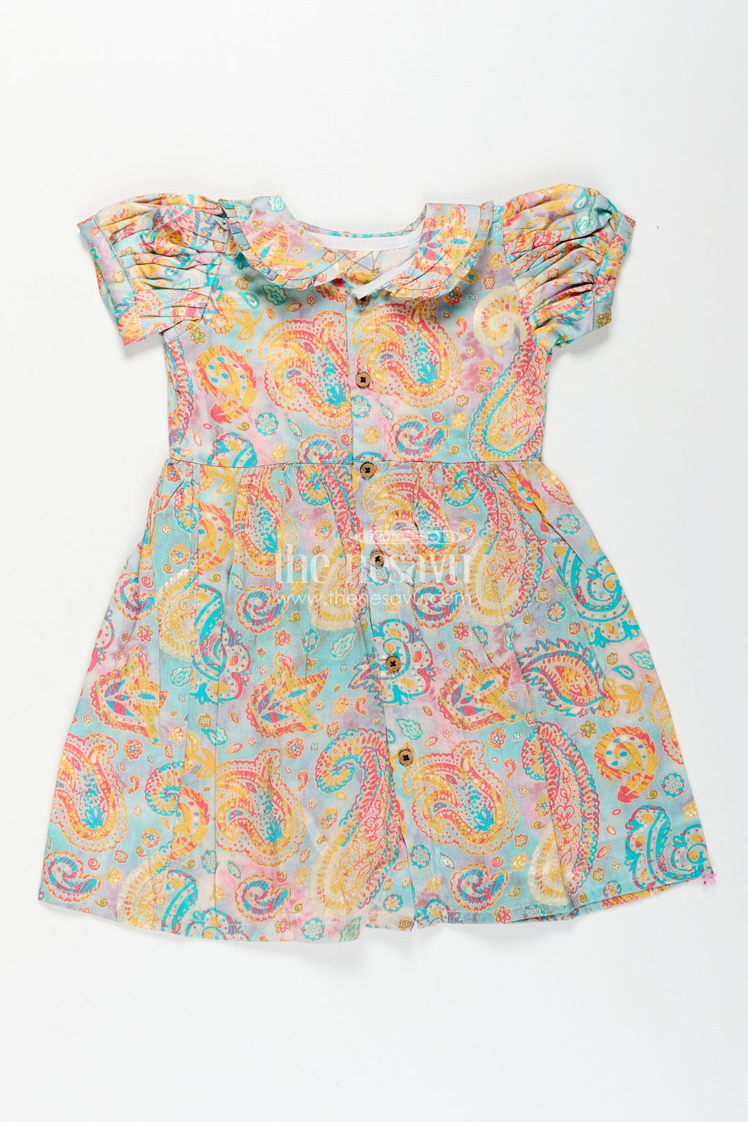 The Nesavu Girls Cotton Frock Girls Cotton Wear Dress with Vibrant Paisley Digital Prints and Pleated Waist for Casual Comfort Nesavu Girls Cotton Wear Dress Vibrant Paisley Digital Prints Ruffled Collar Design | The Nesavu