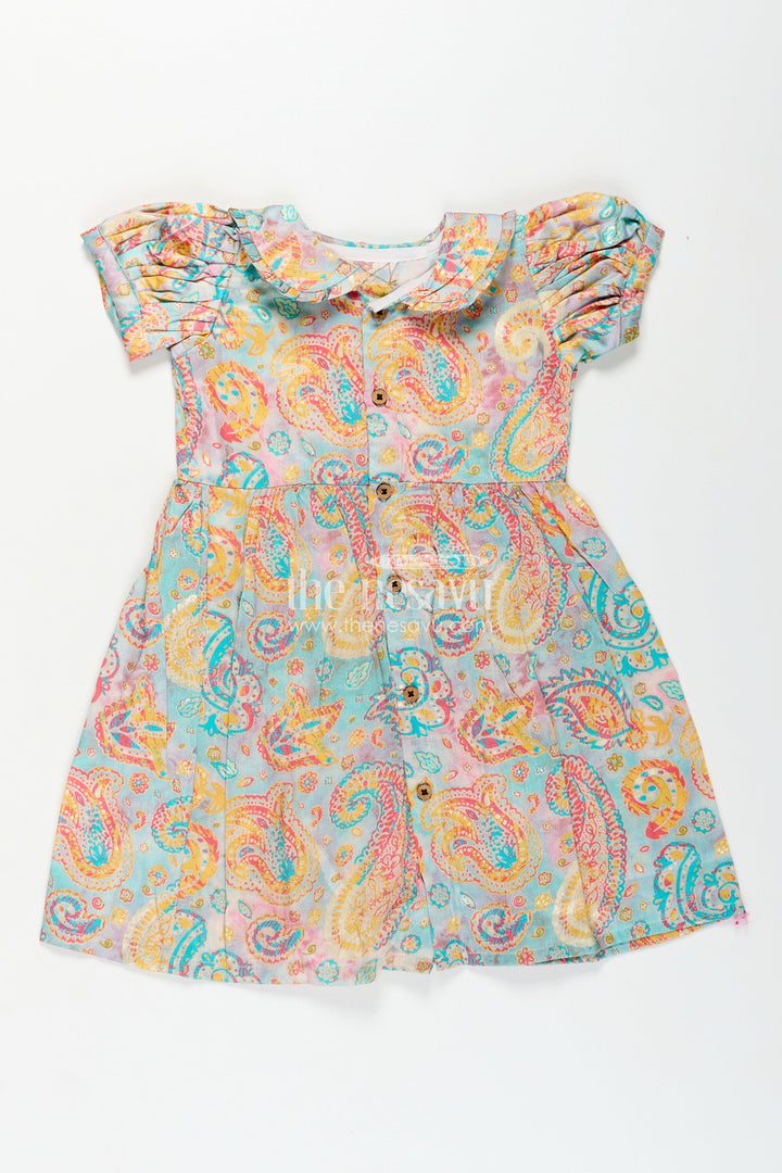The Nesavu Girls Cotton Frock Girls Cotton Wear Dress with Vibrant Paisley Digital Prints and Pleated Waist for Casual Comfort Nesavu Girls Cotton Wear Dress Vibrant Paisley Digital Prints Ruffled Collar Design | The Nesavu