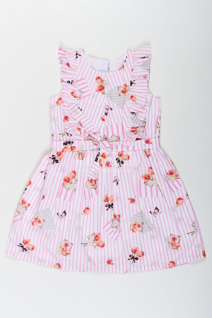 The Nesavu Girls Cotton Frock Girls Cotton White Frill Frock with Pink Stripes and Vibrant Floral Accents Nesavu 20 (3Y) / Pink GFC1658B-20 Nesavu Girls Cotton White Frill Frock Pink Stripes Soft Floral Prints