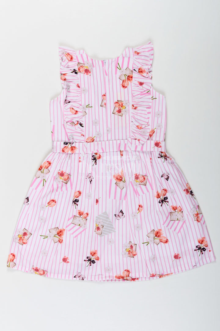 The Nesavu Girls Cotton Frock Girls Cotton White Frill Frock with Pink Stripes and Vibrant Floral Accents Nesavu Girls Cotton White Frill Frock Pink Stripes Soft Floral Prints | The Nesavu