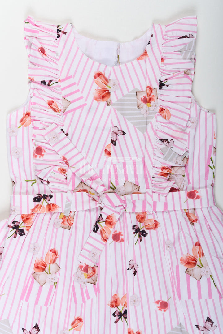 The Nesavu Girls Cotton Frock Girls Cotton White Frill Frock with Pink Stripes and Vibrant Floral Accents Nesavu Girls Cotton White Frill Frock Pink Stripes Soft Floral Prints | The Nesavu