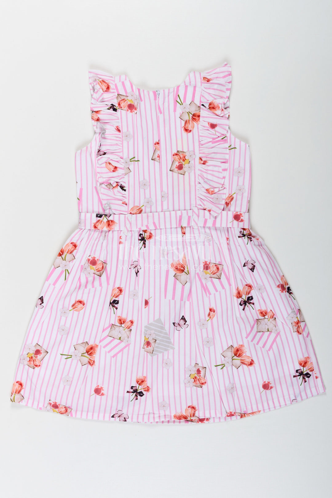 The Nesavu Girls Cotton Frock Girls Cotton White Frill Frock with Pink Stripes and Vibrant Floral Accents Nesavu Nesavu Girls Cotton White Frill Frock Pink Stripes Soft Floral Prints