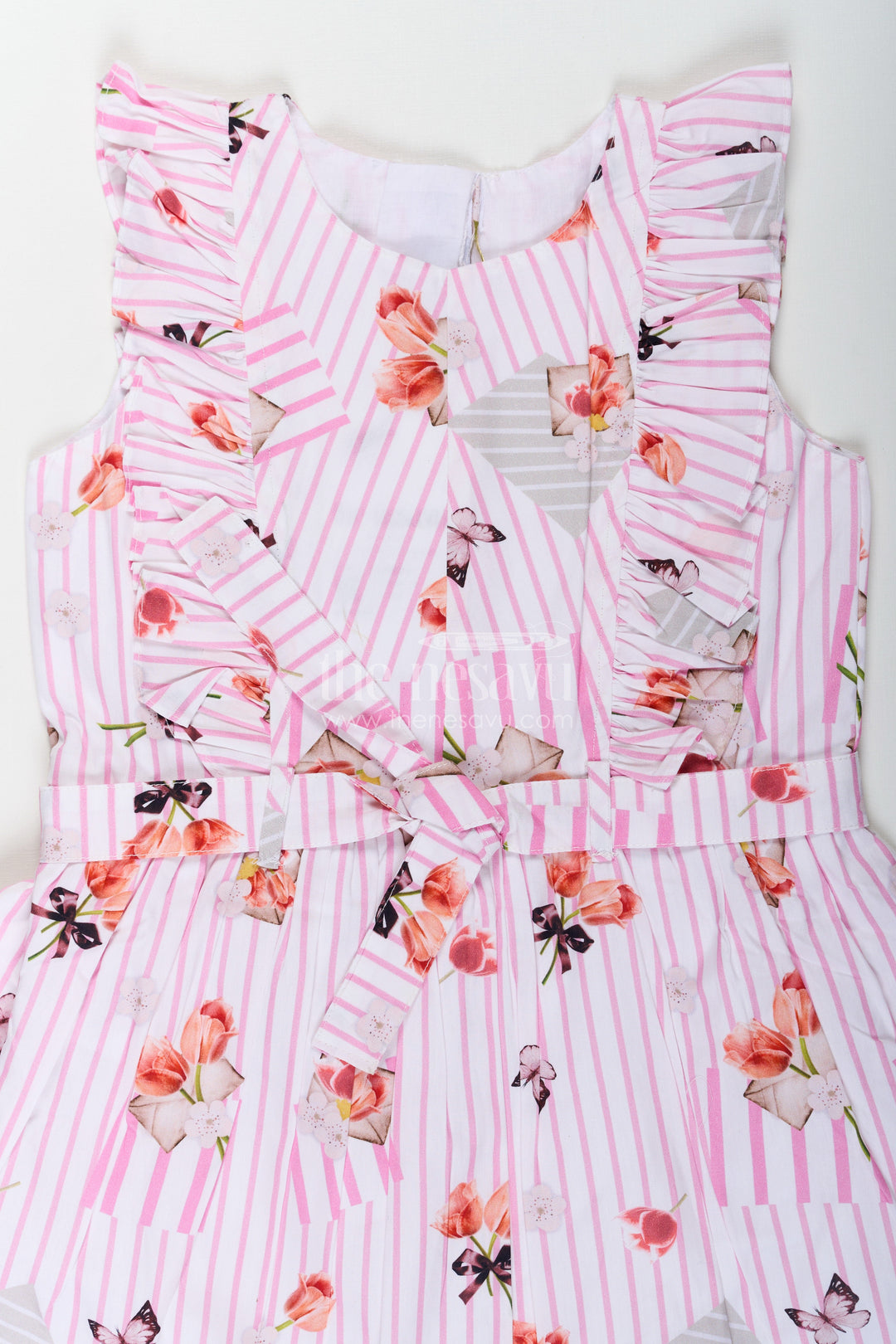 The Nesavu Girls Cotton Frock Girls Cotton White Frill Frock with Pink Stripes and Vibrant Floral Accents Nesavu Nesavu Girls Cotton White Frill Frock Pink Stripes Soft Floral Prints