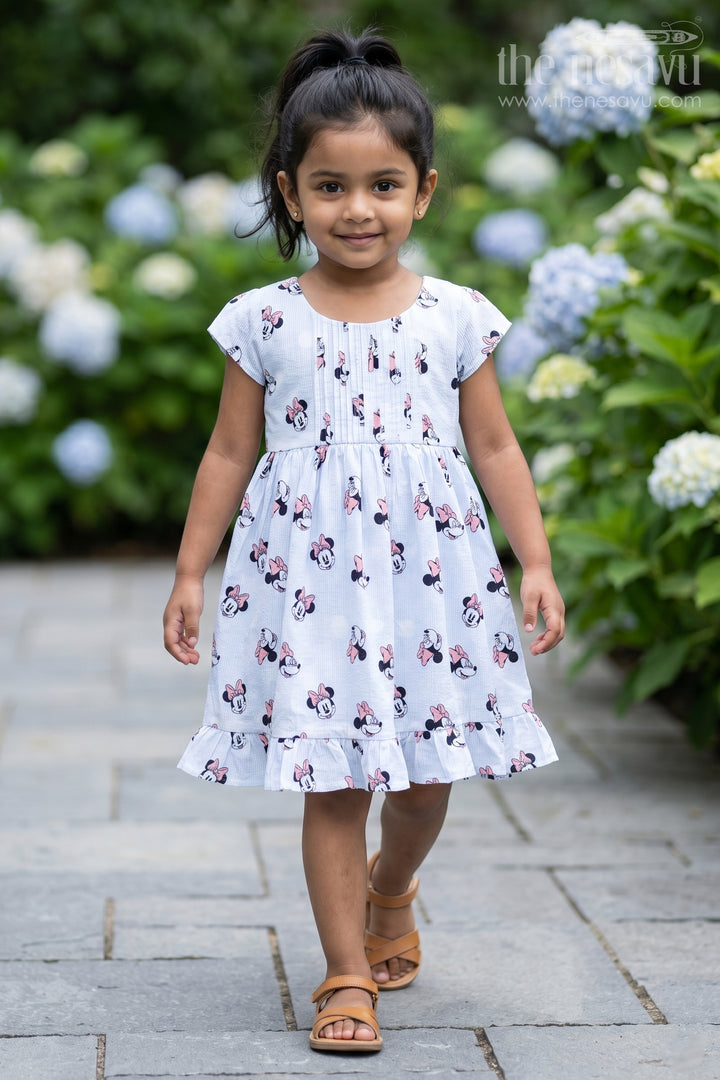 The Nesavu Girls Cotton Frock Girls Cotton White Frock for Eid with Minnie Mouse Digital Print and Ruffled Hem for a Festive Fun Look Nesavu 18 (2Y) / Half white GFC1665A-18 Girls White Frock Eid Soft Cotton Minnie Mouse Digital Print Frill Hem Design | The Nesavu
