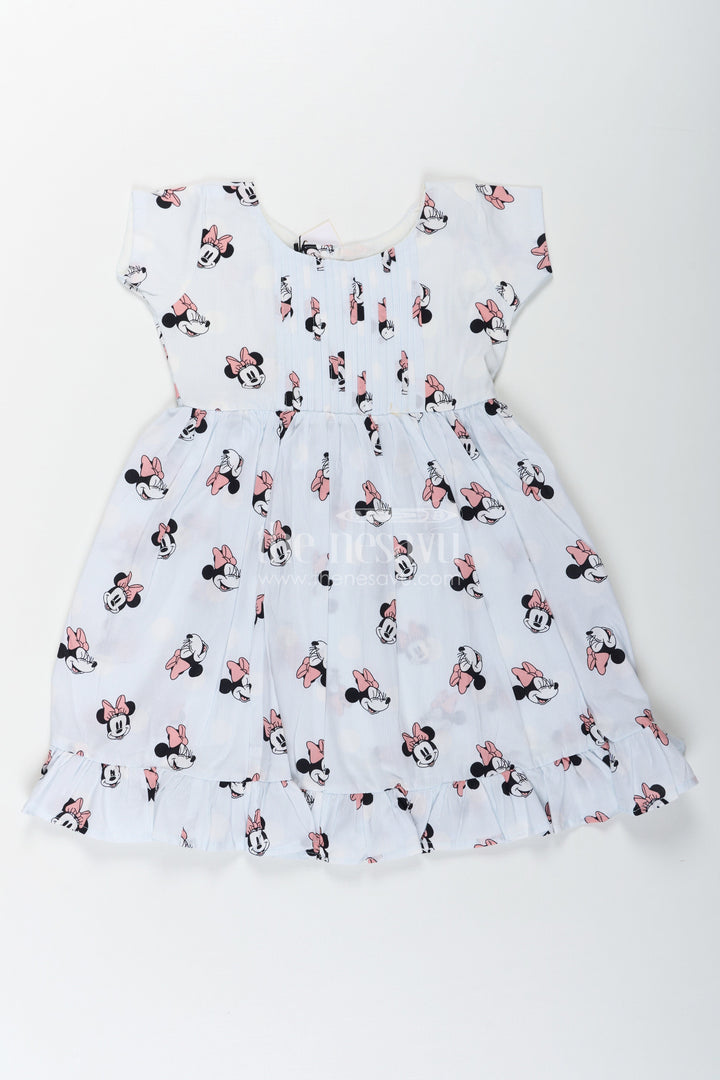 The Nesavu Girls Cotton Frock Girls Cotton White Frock for Eid with Minnie Mouse Digital Print and Ruffled Hem for a Festive Fun Look Nesavu 18 (2Y) / Half white GFC1665A-18 Nesavu Girls White Frock Eid Soft Cotton Minnie Mouse Digital Print Frill Hem Design